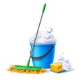 Vector realistic mop sponge bucket with soapy foam Royalty Free Stock Photo