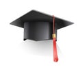 Vector realistic mortar hat. Graduation cap of a student with a red tassel. Black hat at graduation at the university Royalty Free Stock Photo