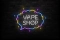 Vector realistic  neon sign of Vape Shop logo for template decoration and covering on the wall background. Concept of elec Royalty Free Stock Photo