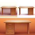 Vector realistic office wooden desk with shelves