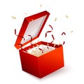 Vector open red gift box with confetti and ribbons Royalty Free Stock Photo