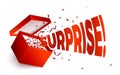 Vector realistic open red gift box, word Surprise
