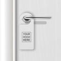 Vector realistic paper white blank door hanger on white realistic wooden door with metal silver handle background. Door