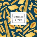 Vector realistic pasta types illustration with pattern background