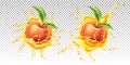 Vector realistic peach leaf in juice splash