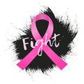 Vector realistic pink ribbon with fight lettering on grunge background. Template for Breast cancer awareness month.