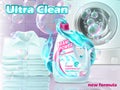 Vector realistic promo banner of liquid detergent, poster for advertising washing powder in bottle. 3d template product