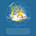 Vector Realistic Ramadan lantern Fanus with star sparkle and realistic clouds and Ramadan Kareem calligraphy.