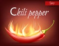 Vector realistic red pod of chili pepper in flame