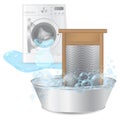 Vector realistic ribbed hand washboard in metal basin with soap