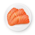 Vector realistic salmon wedges on a white porcelain plate. Seafood illustration. View from above.