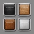 Vector realistic set of app buttons. Icons with metal modern frame and wooden, metallic, carbon finish