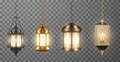 Vector realistic set of beautiful muslim ornamental lamps lanterns hanging on chainlets