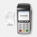 Vector Realistic Silver 3d Payment Machine. POS Terminal with Receipt Closeup Isolated. Design Template of Bank Payment