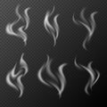 Vector realistic smoke or steam set isolated on dark transparent background. Detailed 3d white smoke steam, waves from coffee, tea Royalty Free Stock Photo