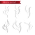 Vector realistic smoke or steam set isolated on white transparent background. Detailed 3d grey smoke steam, waves from coffee Royalty Free Stock Photo