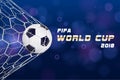 Vector Realistic soccer ball or football ball in net on blue background. 3d Style vector Ball. Goal moment layout