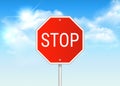 Vector realistic stop traffic sign with blue sky with sun and clouds in the background Royalty Free Stock Photo