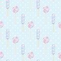 Vector realistic striped swirl lollipops seamless pattern. Three-dimensional spiral colorful glossy candies on sticks Royalty Free Stock Photo