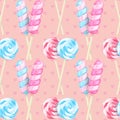 Vector realistic striped swirl lollipops seamless pattern. Three-dimensional spiral colorful glossy candies on sticks Royalty Free Stock Photo