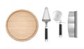 Vector realistic tools for pizza: wooden round board, knives, spatula