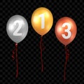 Gold, silver and bronze balloons with red ribbons. Vector illustration