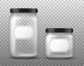 Vector realistic transparent big and small glass jar with blank label isolated on transparent background