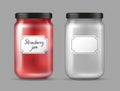 Vector realistic transparent glass jar - empty and filled with strawberry jam isolated on grey background Royalty Free Stock Photo