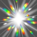 Vector Realistic Transparent Radiance with Bright Rainbow Rays. Radiant Colorful Bokeh Effect