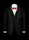 Vector realistic tuxedo background with bow. Black men's suit, tuxedo with vest and white shirt. Illustration design Royalty Free Stock Photo