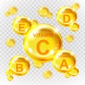 Vector realistic vitamin golden capsules. Nutrition supplement multivitamin complex. Golden round capsules