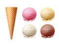 Vector realistic waffle cone ice cream scoop set Royalty Free Stock Photo