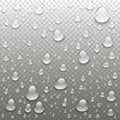 Vector realistic water drops on transparent background. Rain drops without shadows for transparent surface. Many forms and sizes.