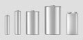 Vector realistic white alkaline batteriy icon set. Diffrent size - AAA, AA, C, D, PP3. Design template for branding