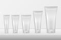 Vector realistic white blank plastic closed cosmetic tube set closeup. Different size. Design template for graphics