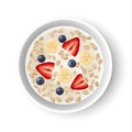 Vector realistic white bowl with milk, oat flakes, strawberries, bananas and blueberries - fit and healthy breakfast illustration
