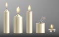 Vector realistic white candle set with fire isolated on transparent background. Diferent shape candles collection with flame light Royalty Free Stock Photo