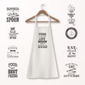 Vector realistic white cotton kitchen apron with clothes wooden hanger and quotes about food set closeup on