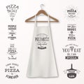 Vector realistic white cotton kitchen apron with clothes wooden hanger and quotes about pizza set closeup on