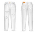 Vector realistic white jeans with rips, gaps. Unisex trousers isolated on white background. Casual pants 3d illustration