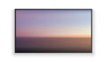 Vector realistic wide angle smart HD tv on the wall. Blue aerial panoramic view of sunrise over ocean. Led 3d screen isolated on Royalty Free Stock Photo