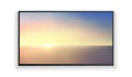 Vector realistic wide angle smart HD tv on the wall. Blue aerial panoramic view of sunrise over ocean. Led 3d screen isolated on Royalty Free Stock Photo