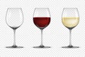 Vector realistic wineglass icon set - empty, with white and red wine, isolated on transparent background. Design Royalty Free Stock Photo