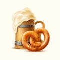 Vector realistic wooden mug with froth and pretzel