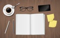 Vector realistic workplace desk from above with open blank notebook, cup of coffe, glasses and phone Royalty Free Stock Photo