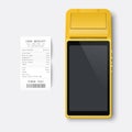 Vector Realistic Yellow 3d Payment Machine. POS Terminal, Paper Receipt Closeup Isolated on White Background. Design Royalty Free Stock Photo