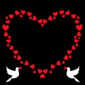 Vector retro heart shaped photo frame of hearts with pigeons silhouette