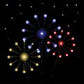 Vector red, blue, gold fireworks