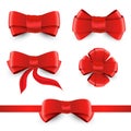 Vector red bow and ribbon. Shiny red satin bows set isolated on white background for your design Royalty Free Stock Photo