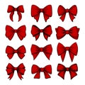 Vector Red Bow Tie or Gift Bow with Outline, Cut Out Icon Set Isolated on White Background. Bows Collection. Bow Design Royalty Free Stock Photo